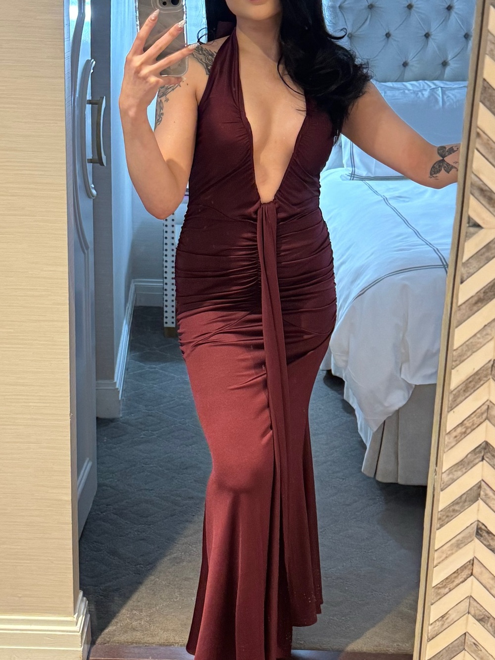 Plunge Halter Backless Evening Gown in Burgundy